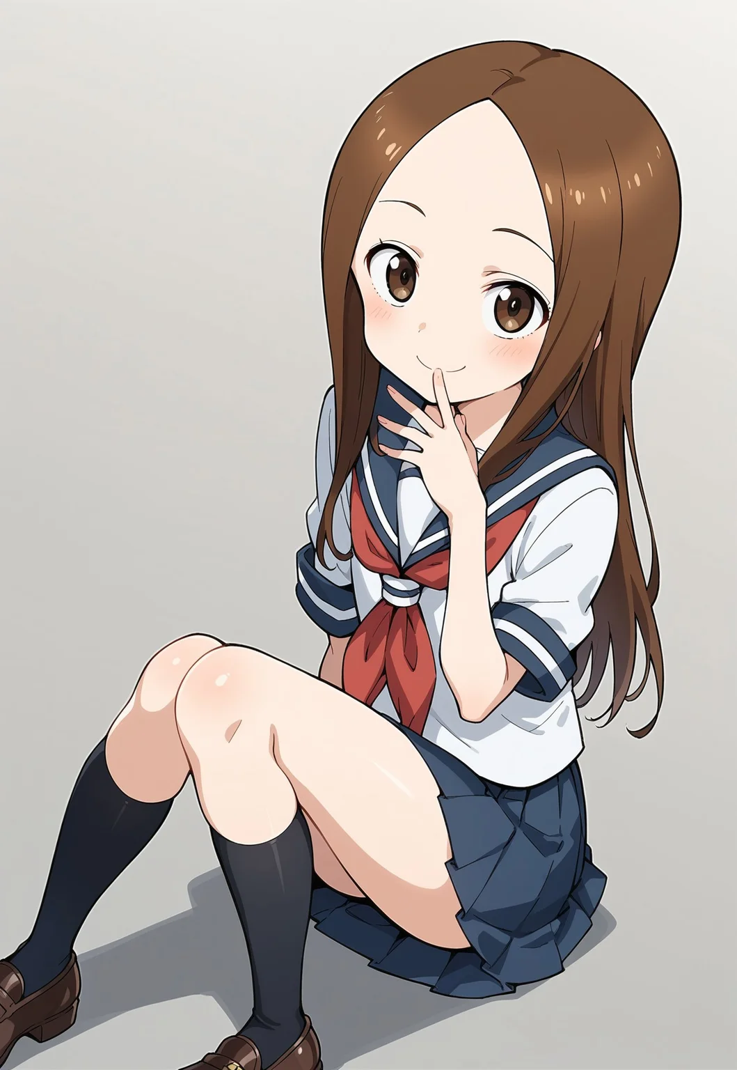 safe_pos, score_9, score_8_up, BREAK,
sharp focus, masterpiece, absurdres, best quality, official art,shiny skin, blush, anime coloring,
1girl,solo,
takagi-san, long hair, brown eyes,
(smiling face), (arrogant face:1.2),teasing face, 
petite body,flat chest,school_uniform,serafuku,red_neckerchief,pleated_skirt,
 black knee socks, shoes, 
 sitting,hand to own mouth,
looking at viewer,
gray background,  