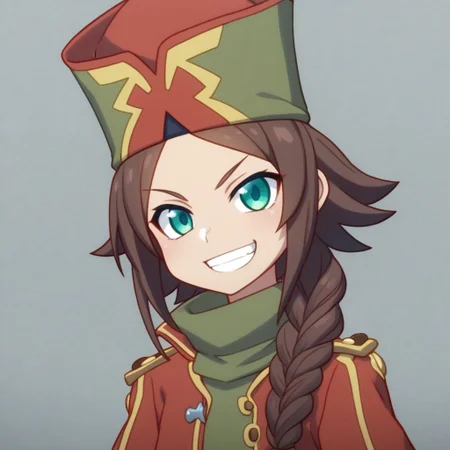 mana_sk style, portrait, focus on face, a daring pirate captain girl with shoulder-length dark brown hair tied in a loose braid and sharp teal eyes, wearing a tricorn hat adorned with a red plume and a weathered leather coat, her confident grin revealing a fearless spirit, faint outlines of a stormy sea in the background, Japanese RPG style, adventurous and bold atmosphere, intricate details on her hat and coat