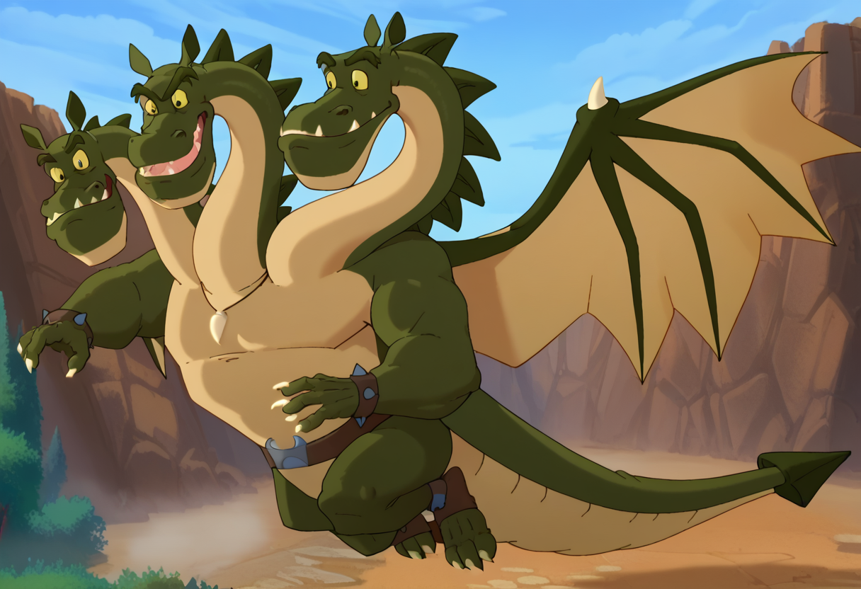 score_9, score_8_up, score_7_up, g0rynych, 1boy, solo, male focus, no humans, dragon, green skin, spikes, 3 heads, 3 dragon heads, multi head, 3 necks, yellow sclera, fangs, wings, necklace, bracelet, belt, claws, tail, flying, sky, looking at viewer,
