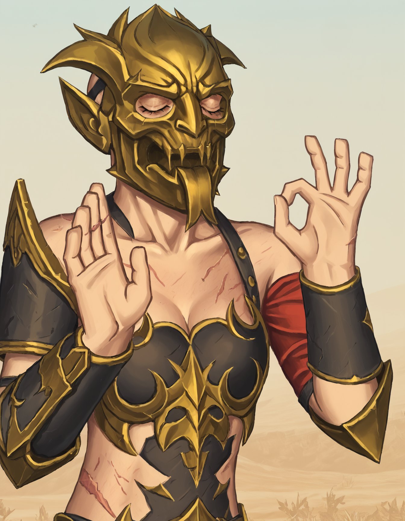 score_7_up, score_6_up, a20t43c-dh BREAK, pachameme, hands up, ok sign, closed eyes, SisterofSlaughter, mask, armor, scar <lora:Artist_Style_-_a20t43c:1> <lora:add-detail-xl:0.3>  <lora:SistersofSlaughter_PonyXL:0.7>