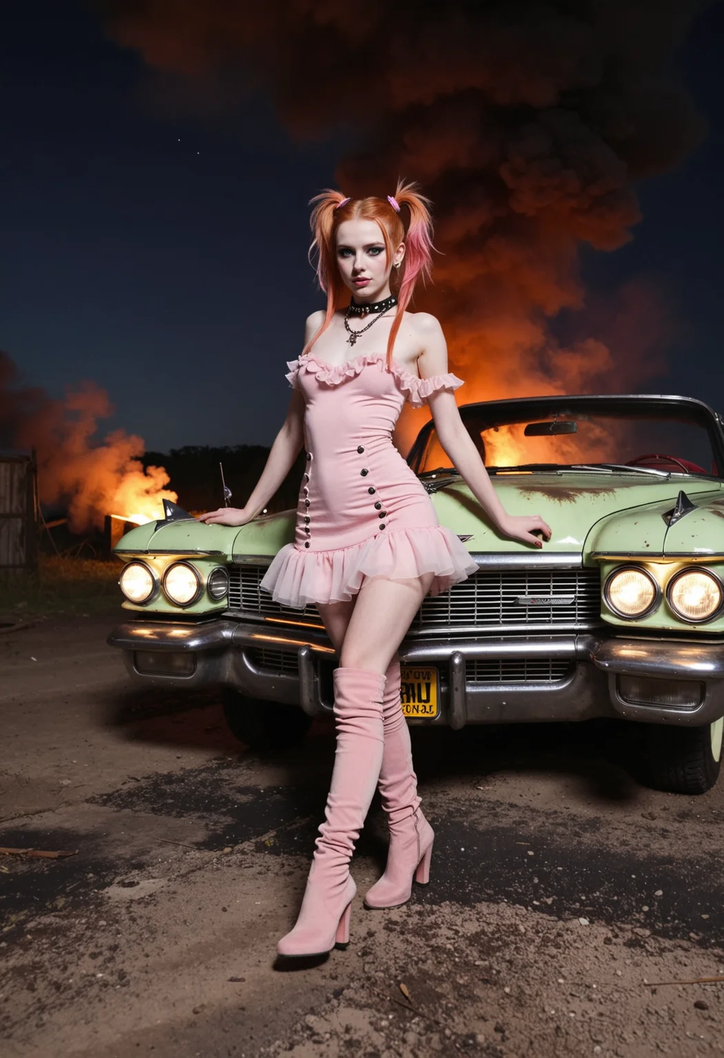 High fashion full body photo showcasing the beauty of slender irish female, 18yo, with light green eyes seen in a runway model pose. She has ginger low twintails hair and red-pink emo-scene makeup, wearing frilled gauze cowl neck mini-dress, completed by overknee boots. The outfit is topped off with a choker necklace, and a toothy smile. Set in a post-apocalyptic wasteland, with 50s vintage cadillac in rusty pink and illuminated plumes of smoke in the distance creating a suspenseful atmosphere, on a dark clear night in spring. With soft side-lighting, shallow depth of field, 4k <lora:dmd2_sdxl_4step_lora>