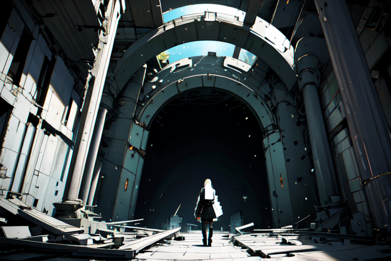 highly insanely detailed, masterpiece, top quality, best quality, highres, 4k, 8k, RAW photo, (very aesthetic, beautiful and aesthetic),  
tsutomu nihei,nihei_tsutomu,blame!,blame gakuen!,abara,TNstyle,sidonia_no_kishi,(lab,giant room,tower,space,spacecraft,city ruins,deep horizon,tunnel,mausoleum,megastructure in background,hangar,stairs),open space, 
<lora:ABARA:0.7>, 
(1girl:1.3), 
solo focus, 
gray background,champagne background,(rainbow background,multicolored background),âââ