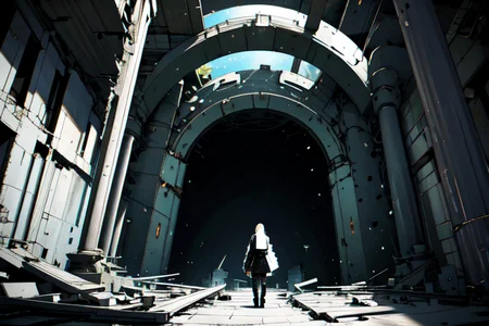 highly insanely detailed, masterpiece, top quality, best quality, highres, 4k, 8k, RAW photo, (very aesthetic, beautiful and aesthetic),
tsutomu nihei,nihei_tsutomu,blame!,blame gakuen!,abara,TNstyle,sidonia_no_kishi,(lab,giant room,tower,space,spacecraft,city ruins,deep horizon,tunnel,mausoleum,megastructure in background,hangar,stairs),open space,
<lora:ABARA:0.7>,
(1girl:1.3),
solo focus,
gray background,champagne background,(rainbow background,multicolored background),âââ