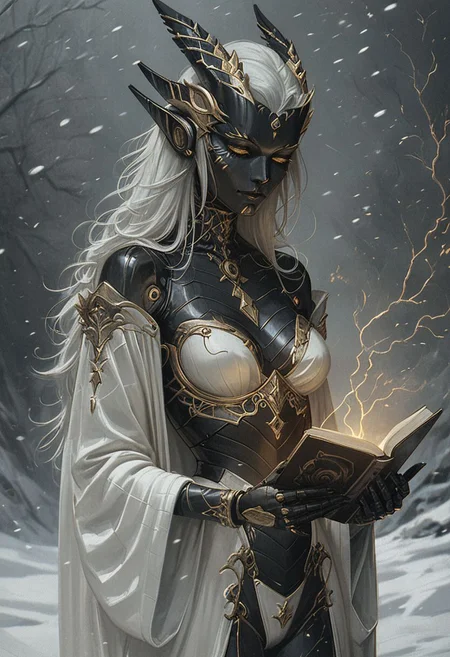 score_9, score_8_up, score_7_up,
robot girl, (robot body), black metal body, long hair,
hkmagic, casting lightning spells, white robe,
proud, medium breasts, silver, gold accents,
solo, xenotr1p,
(snowy mountains, dragon, sunset in the background),