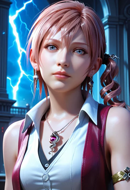score_9,score_8_up,score_7_up,source_anime, Serah Farron,1girl,solo,jewelry,upper body,earrings,sleeveless,necklace,side ponytail,lips,armlet,realistic,lightning farron,