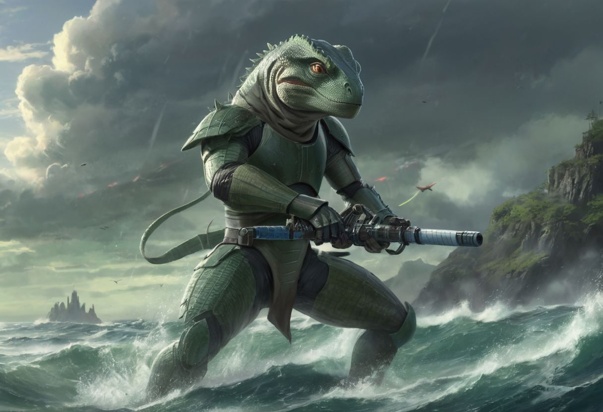 star-wars style spaceship, a (solo:1.5) black white lizard in (star wars armor)  katana sword on belt  (cockpit instruments view:1.5)  (ocean:0.5) (waves:0.5), in the middle of sea, 
dawn, heavy rain, wind, windy, typhoon, hurricane, tropical storm, fog, mountain, sky, cloud, deluge, rainforest, 
scenic background, epic landscape, scenery artwork, beautiful concept art, highly detailed, dynamic lighting, cinematic, anime screencap in mnst artstyle, (soft focus),full body character portrait landscape, <lora:AddDetail:1.6>,