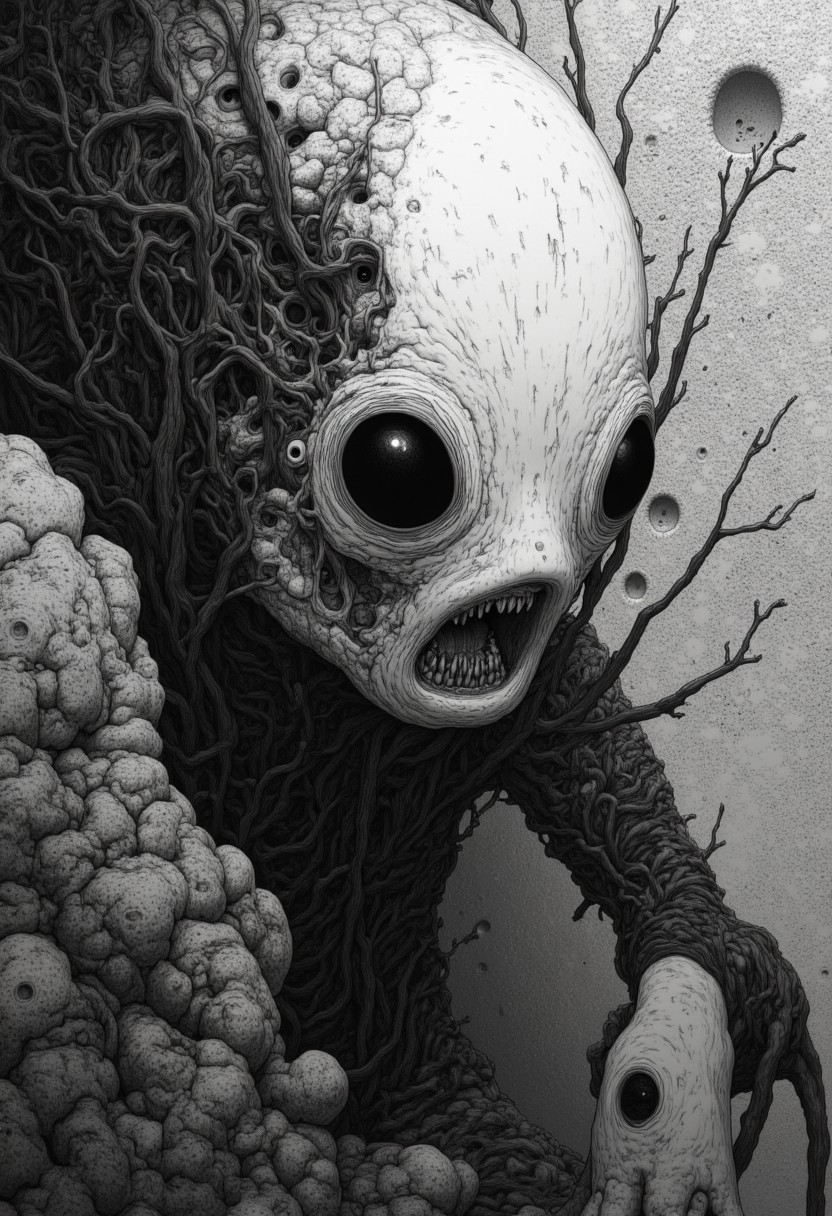 Portrait of macabre Nosferatu, infernal vampire, intense black and white art, high contrast, desolation, tenebrism, dark surrealism art, style of Hieronymus Bosch