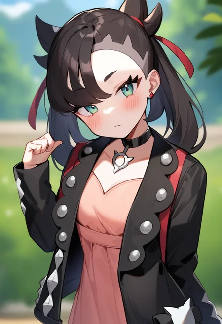 masterpiece,best quality,very aesthetic,absurdres,,<lora:marnie_(pokemon):1>,highres, head_tilt, outdoors, black_choker, blurry_background, dated, blush, 1girl, solo, bad_pixiv_id, red_ribbon, marnie_\(pokemon\), hand_up, black_jacket, day, hair_ribbon, open_jacket, earrings, commentary_request, looking_at_viewer, bad_id, closed_mouth, pink_dress