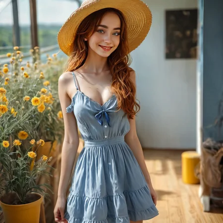 1girl, a small, petite, cute and beautiful, dressed in a vapurous summer short dress with thin straps low cleavage and bare back in yellow and blue,, reddish long hair wild and wavy under an oversized straw hat with a blue ribbon, blue eyes with long eyelashes, big smile, freckles