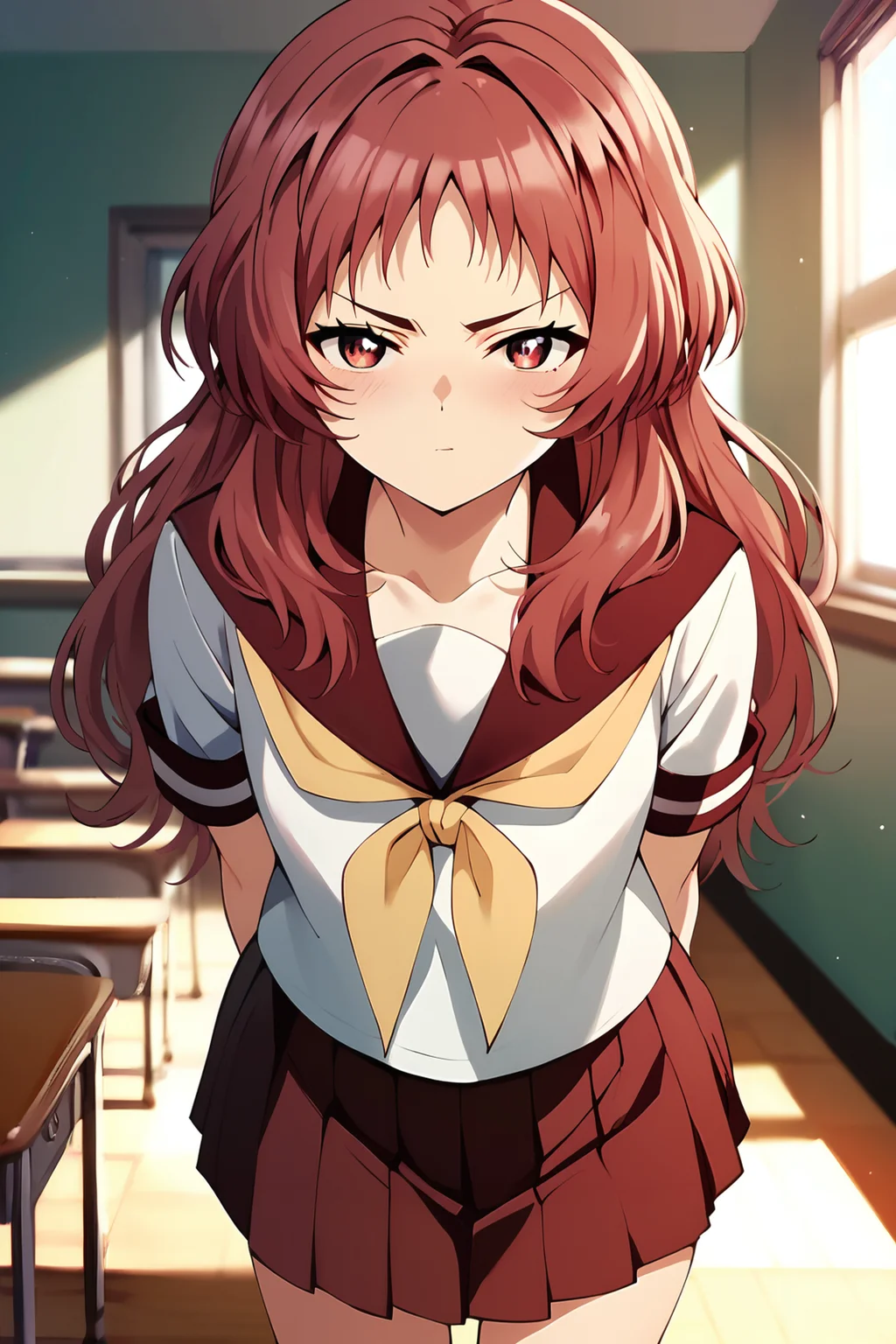 score_9, score_8_up, score_7_up, source_anime, zPDXL2, 1girl, <lora:ai_mie:1>, miewz, red eyes, red hair, long hair, serafuku, sailor collar, yellow neckerchief, white shirt, school uniform, red skirt, pleated skirt, leaning forward,cowboy shot, v-shaped eyebrows, v-shaped eyes, leaning forward, standing, arms behind back, looking at viewer, classroom, indoors<lora:sd_xl_dpo_lora_v1:1>