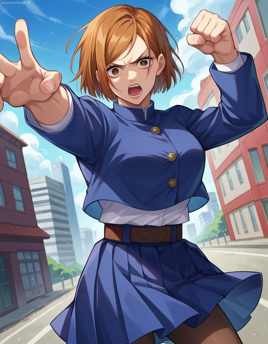 score_9, score_8_up, score_7_up, source_anime,
nobarakugisaki, <lora:nobara-kugisaki-ponyxl-lora-nochekaiser:1>,
nobara kugisaki, bob cut, brown eyes, brown hair, lips, short hair,
belt, brown belt, brown pantyhose, crop top, crop top overhang, jujutsu tech uniform, pantyhose, pleated skirt, shirt tucked in, skirt, blue skirt, blue crop top,
outdoors, cityscape, fighting stance, shouting, open mouth,
looking at viewer, cowboy shot, dutch angle,
