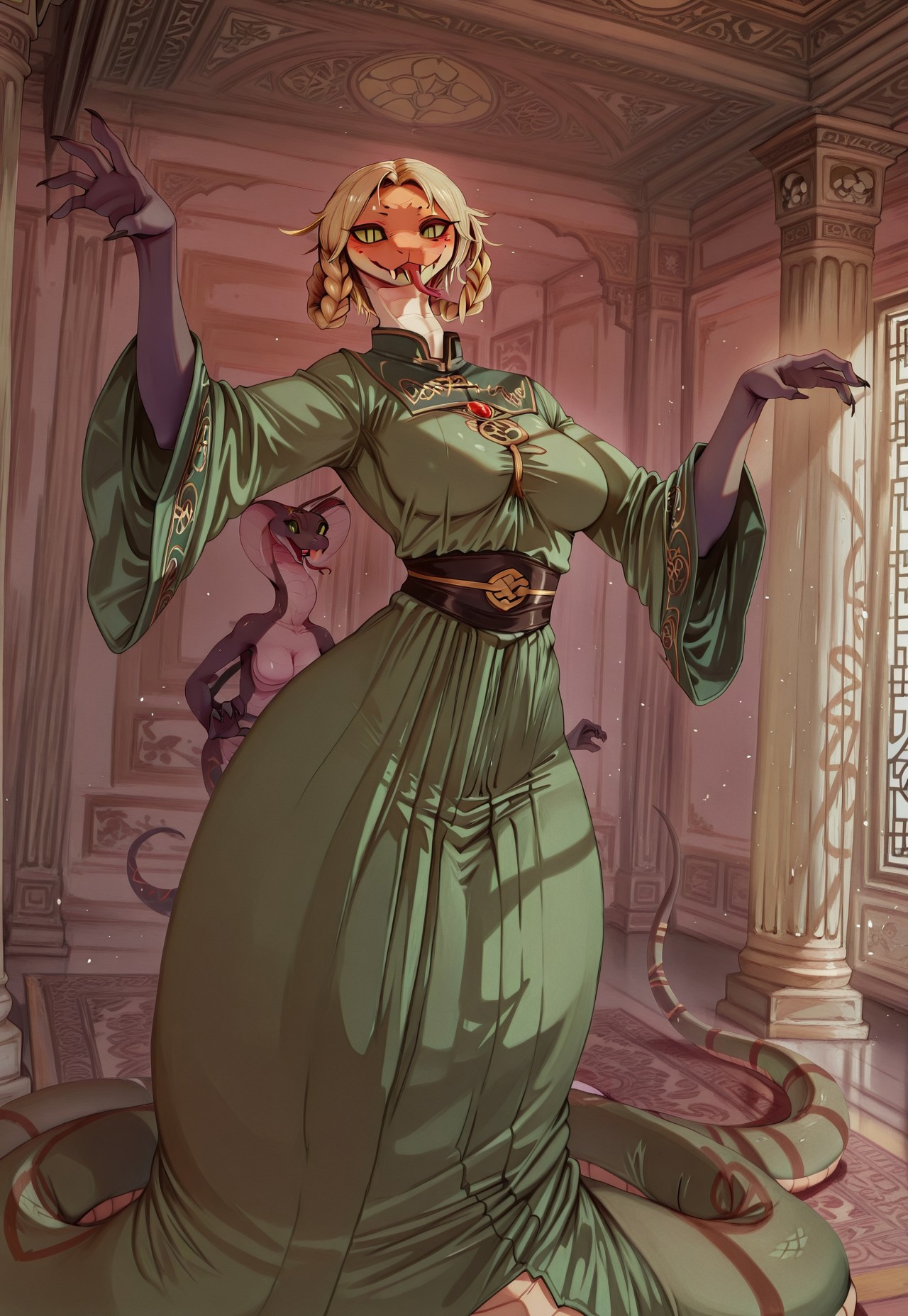 masterpiece,best quality,amazing quality, indoors, pillar
<lora:Anthropomorphic_snakes_Naga:1> anthropomorphic_snakes_(naga), 
ry4, blonde hair, braid, green eyes, braided hair rings, mole under mouth, slit pupils, solo
green dress, wide sleeves
smile, forked tongue, long tongue, tongue out, open mouth, vampire
snake pose, fighting stance, standing,
dynamic pose, dutch angle, dynamic angle
<lora:Rya:1>,  <lora:forkedtongue_Illust_v1:1>,  <lora:LoRASnakePoseNoobAIXLvPred:1>,  <lora:Chinoiserie_Illu_Style:1> Chinoiserie, no humans, colored skin, fangs, facial mark, slit pupils, furry, colored sclera, black sclera, snake, scales, furry female, multicolored skin, snake girl, alien, lamia, squama, Snakegirl, Chinoiserie,  <lora:reptiloids_sdxl_v05_495-15-0:0.4> reptiloid, snake head,