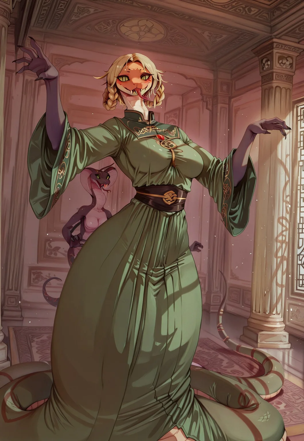 masterpiece,best quality,amazing quality, indoors, pillar
<lora:Anthropomorphic_snakes_Naga:1> anthropomorphic_snakes_(naga),
ry4, blonde hair, braid, green eyes, braided hair rings, mole under mouth, slit pupils, solo
green dress, wide sleeves
smile, forked tongue, long tongue, tongue out, open mouth, vampire
snake pose, fighting stance, standing,
dynamic pose, dutch angle, dynamic angle
<lora:Rya:1>, <lora:forkedtongue_Illust_v1:1>, <lora:LoRASnakePoseNoobAIXLvPred:1>, <lora:Chinoiserie_Illu_Style:1> Chinoiserie, no humans, colored skin, fangs, facial mark, slit pupils, furry, colored sclera, black sclera, snake, scales, furry female, multicolored skin, snake girl, alien, lamia, squama, Snakegirl, Chinoiserie, <lora:reptiloids_sdxl_v05_495-15-0:0.4> reptiloid, snake head,