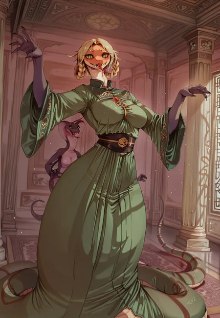 masterpiece,best quality,amazing quality, indoors, pillar
<lora:Anthropomorphic_snakes_Naga:1> anthropomorphic_snakes_(naga),
ry4, blonde hair, braid, green eyes, braided hair rings, mole under mouth, slit pupils, solo
green dress, wide sleeves
smile, forked tongue, long tongue, tongue out, open mouth, vampire
snake pose, fighting stance, standing,
dynamic pose, dutch angle, dynamic angle
<lora:Rya:1>, <lora:forkedtongue_Illust_v1:1>, <lora:LoRASnakePoseNoobAIXLvPred:1>, <lora:Chinoiserie_Illu_Style:1> Chinoiserie, no humans, colored skin, fangs, facial mark, slit pupils, furry, colored sclera, black sclera, snake, scales, furry female, multicolored skin, snake girl, alien, lamia, squama, Snakegirl, Chinoiserie, <lora:reptiloids_sdxl_v05_495-15-0:0.4> reptiloid, snake head,