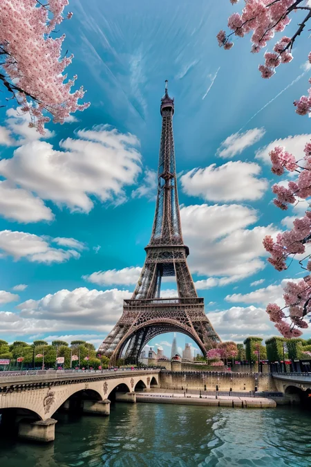 ((masterpiece,best quality)), <lora:Eiffel_Tower:0.8>, Eiffel_Tower, outdoors, sky, day, cloud, water, tree, blue sky, no humans, traditional media, cloudy sky, cherry blossoms, scenery, reflection, watercraft, bridge, river,