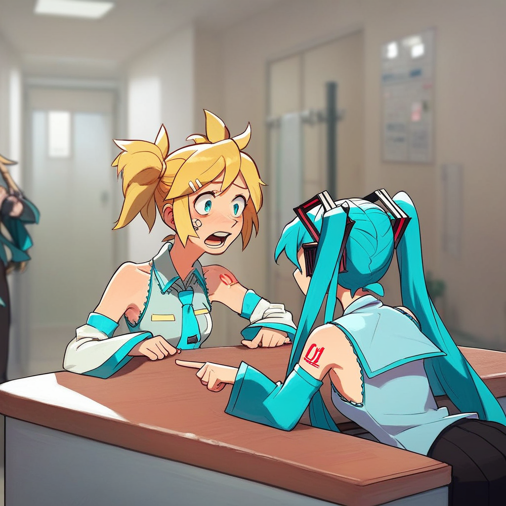 score_8, score_8_up, score_7_up, 2girls, female focus, lo_su_tu, BREAK Hatsune Miku, aqua hair, twintails, aqua eyes, necktie, collared shirt, sleeveless, detached sleeves, shoulder tattoo, open mouth, hands on table, looking at another BREAK  kagamine rin, blonde hair, sleeveless shirt, sailor collar, detached sleeves, shoulder tattoo, from behind, sitting, chair, pointing, pointing to the side, BREAK counter, indoors, hospital, blurry background, photo background,