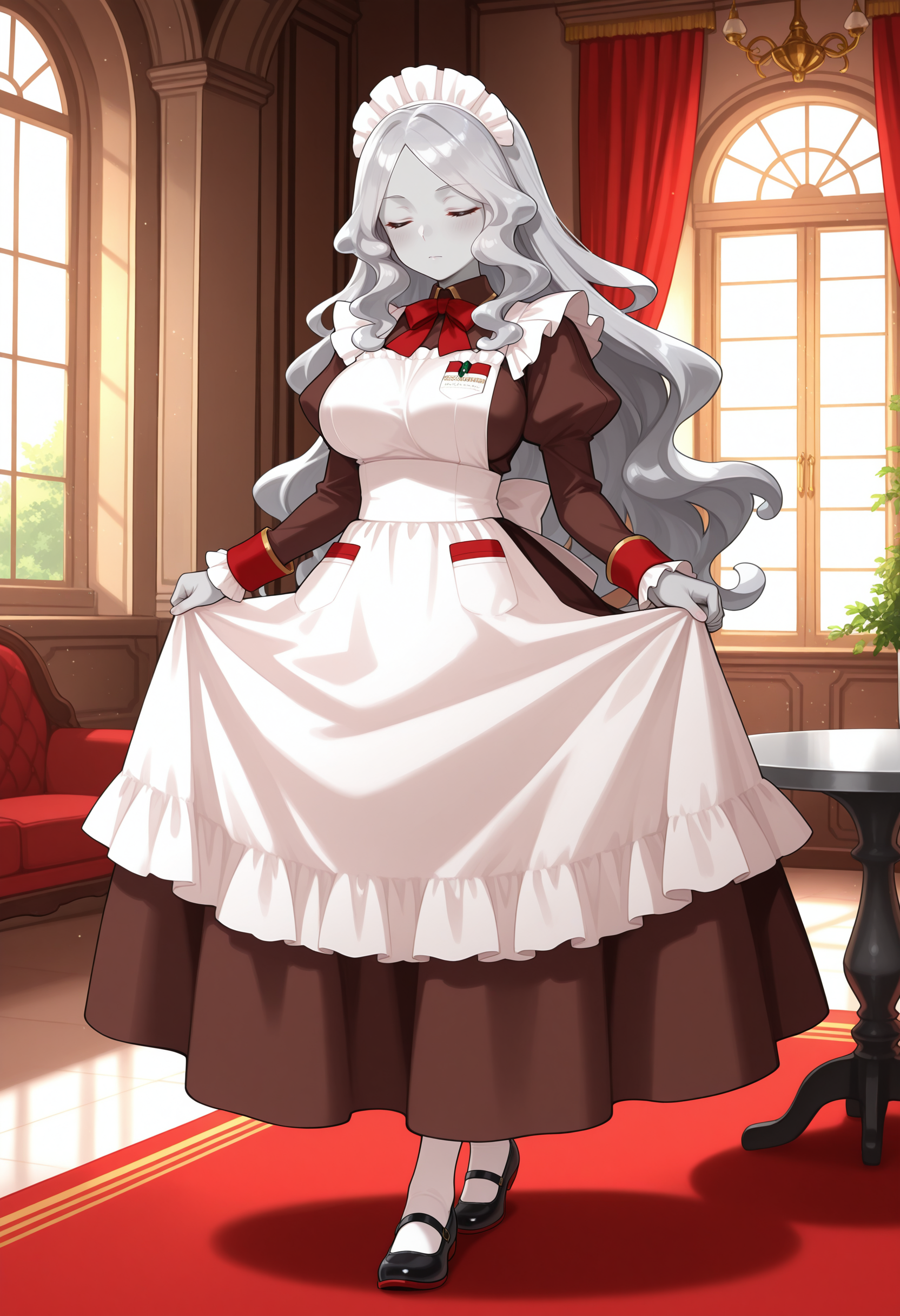 masterpiece,extreme detailed,indoor,mansion,table,full body BREAK trimmau_(fate),1girl,solo,closed mouth,closed eyes,long hair,grey hair,large breasts,maid,maid headdress,white apron,juliet sleeves,brown dress,grey skin,long sleeves,shoes,white pantyhose,black footwear,red bow,bowtie,bubble,<lora:trimmau-IL:1>,curtsy,