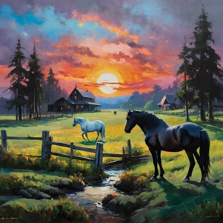 Dark Fantasy Art of  <lora:Dark Art Painting Style:0.9>
a landscape painting of a sunset with horses in a field dark art painting style, dark, moody, dark fantasy style
