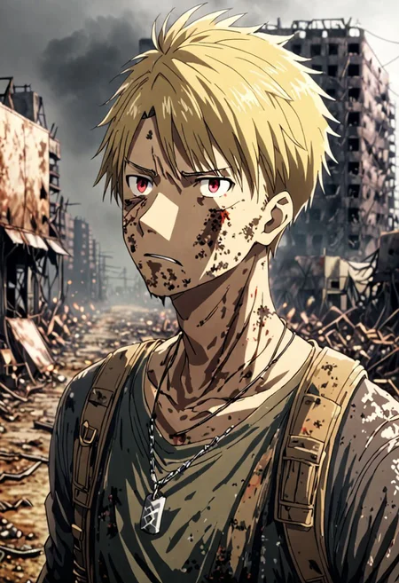 high resolution, solo, best quality, 1Boy, Yamato Ishida, Blond Hair, Necklace, shallow depth of field, Post-Apocalyptic, survival, OverallDetail