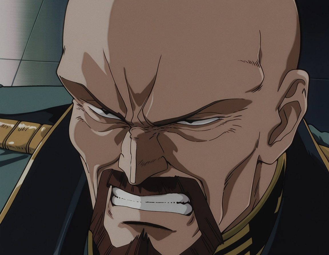 <lora:IL_Aiguille_Delaz:1>,1man,Aiguille Delaz,General's uniform,bald,
facial hair,
brown hair,
black eyes,adult,elder,angry,close-up of face,high angle,clenched teeth,glaring at,, masterpiece,best quality,amazing quality,uncensored