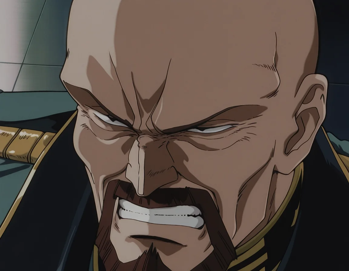 <lora:IL_Aiguille_Delaz:1>,1man,Aiguille Delaz,General's uniform,bald,
facial hair,
brown hair,
black eyes,adult,elder,angry,close-up of face,high angle,clenched teeth,glaring at,, masterpiece,best quality,amazing quality,uncensored