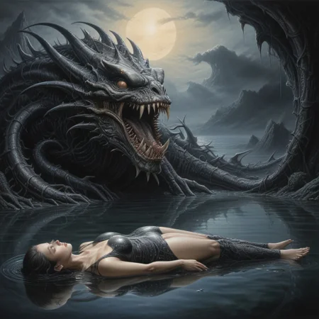 painting of a woman laying on a body of water with a giant monster, art of hans ruedi giger, giger portrait of queen dragon, the thing alien assimilation, art giger, giger art, by Jim Burns, giger ), ( h. r. giger ), by Giger, style of jim burns, (h.r giger)