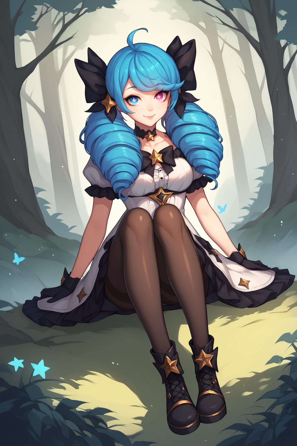 score_9, score_8_up, score_7_up, score_6_up, score_5_up, score_4_up, GwenLoLXL, (blue eye), heterochromia, symbol-shaped pupil, star (symbol), blue hair, drill hair, hair bow, black bow, trwin drills, twintails, long hair, bangs, ahoge, medium breasts, puffy short sleeves, white dress, black gloves, pantyhose, boots, sitting, seductive smile, looking at viewer, forest, tree <lora:GwenLoLXL:0.7>