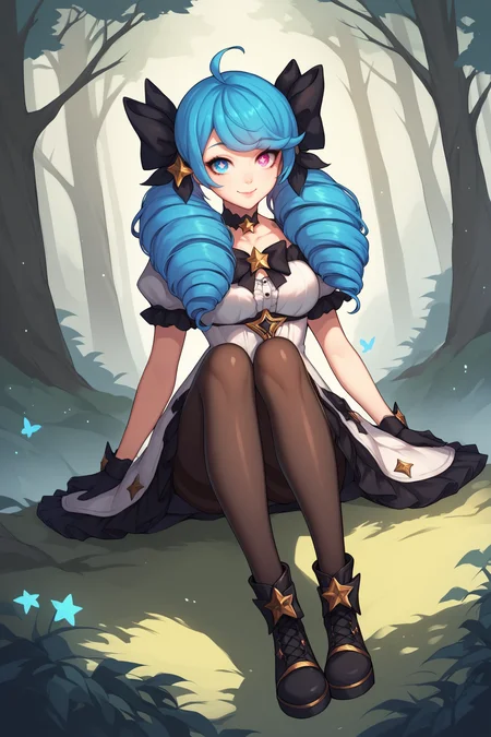 score_9, score_8_up, score_7_up, score_6_up, score_5_up, score_4_up, GwenLoLXL, (blue eye), heterochromia, symbol-shaped pupil, star (symbol), blue hair, drill hair, hair bow, black bow, trwin drills, twintails, long hair, bangs, ahoge, medium breasts, puffy short sleeves, white dress, black gloves, pantyhose, boots, sitting, seductive smile, looking at viewer, forest, tree <lora:GwenLoLXL:0.7>