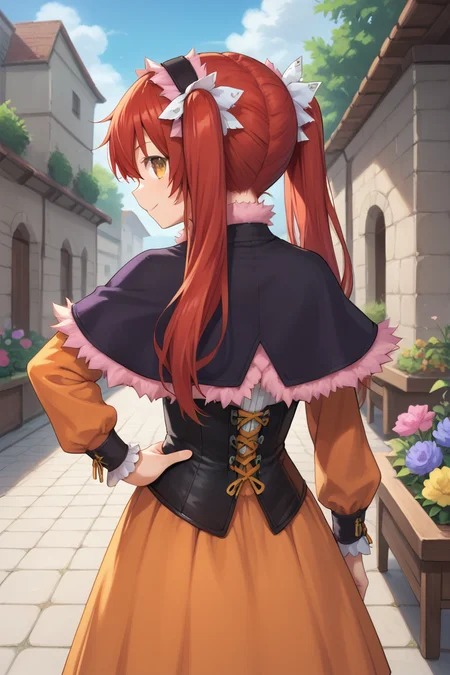 (score_9, score_8_up, score_7_up, score_6_up), source anime, BREAK, <lora:Emilia:0.8> , emidef, 1girl, red hair, long hair, twintails, yellow eyes, pink fur trim, fur-trimmed hairband, fur-trimmed capelet, black capelet, long sleeves, orange sleeves, fur-trimmed dress, (purple dress), (skirt under dress), orange skirt, corset, (layered dress), neck ribbon, black leggings, from behind, looking at viewer, looking back, smile, (cowboy shot), hand on hip, BREAK, <lora:zy_Detailed_Backgrounds_v1:0.3> , detailed background, highly detailed, exterior, garden, courtyard, scenery, flowers,   <lora:SnowStylePonyXL:0.8>
