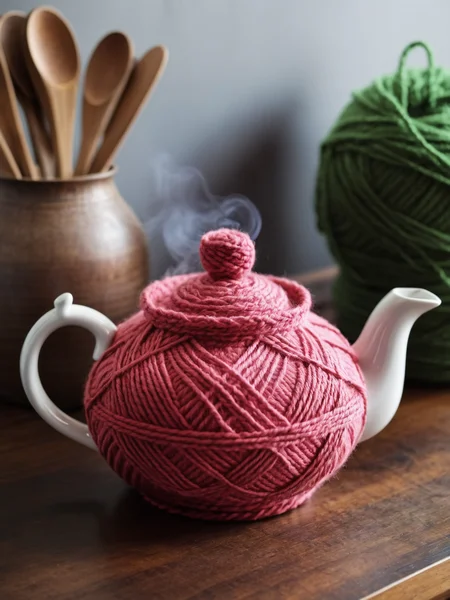 A charming teapot steaming on a kitchen table, crafted from yarn <lora:Yarn_XL:0.3> <lora:EnvyBetterHiresFixXL01:0:hr=1>
