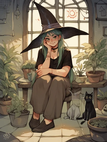 score_9, score_8_up, score_7_up, score_6_up, score_5_up,  <lora:s1mzXLP:0.9> s1mz, potted plant, witch hat, cat, long hair,