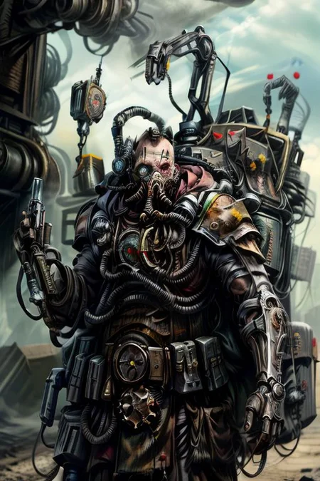 ((masterpiece,best quality)), absurdres, BREAK
mechanical arms, robes, hood, BREAK
((techpriest)), cyborg, mechanical face, mechanical limbs, gas mask, mechanical tentacles, (mechanical backpack), BREAK
1other, solo, holding pistol, firearm, handgun, pistol, gun, BREAK
factory background, smoggy sky, air pollution, smokestacks, BREAK
(postapoAI)