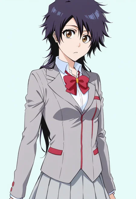 score_9, score_8_up, score_7_up, source_anime, <lora:tatsuki-arisawa-anime-ponyxl-lora-nochekaiser:1>, tatsuki, short hair, black hair, long hair, brown eyes,, skirt, bow, school uniform, jacket, blazer, red bow, long sleeves, grey blazer, grey skirt,