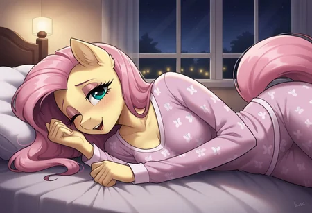 1girl, anthro, Fluttershy, medium breasts, long hair, in bedroom at night, lights off, pajamas, beautiful eyes, detailed, soft skin, makeup, light lipstick, eyeshadow, eyelashes, in bed, waking up, morning, waking up next to you, lying on side, head rest, open eyes, laughing