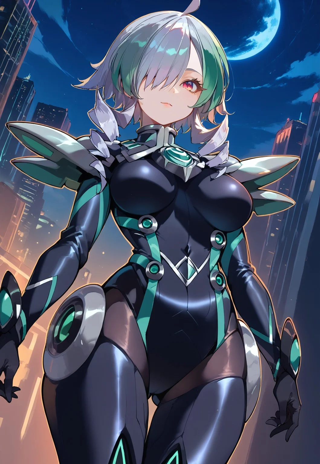 safe_pos, , score_8_up, score_7_up, zPDXL, zPDXLpg, <lora:offset_0.2:0.1>, <lora:spo_sdxl_10ep_4k-data_lora_webui:1>,
source_anime,photo background,the real background,
sky striker ace - camellia, black battle costume, black bodysuit, black armor, black gloves, large breasts, skin tight, impossible clothes, green ribbons, red eyes, drill hair, drill sidelocks, green hair, grey hair, multicolored hair, short hair, swept bangs, <lora:sky striker ace - camellia ponyXL v2:1>,
ass visible through thighs, thick thighs,
2girl, double, looking at viewer,
covered navel, bodysuit
over one eye,
realistic, closed mouth, 
 night, city, dutch angle
