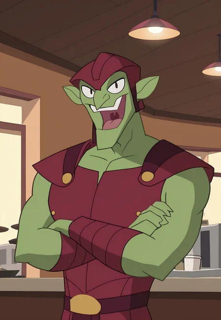 score_9, score_8_up, score_7_up, Absurdres, Intricate Details, Masterpiece, Best Quality, Expressiveh, source_cartoon, screencap, high quality cg, sz4d3k, dofus,
1boy, male focus, solo, plump pecs, 
SpecStyle, SpecGreenGoblin, armor, pointy ears, green skin, goblin,
indoors, starbucks, dynamic angle, dim lighting, dynamic pose,
looking at viewer, happy, teeth, open mouth, tongue out, crossed arms,