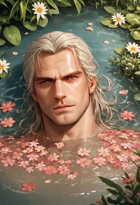 score_9, score_8_up, score_7_up, score_6_up, score_5_up, score_4_up, source_anime, 1man, solo, hud_sp_bth, flower, petals, water, bath, plant, dskGeralt, detailed face, handsome face, straight nose,