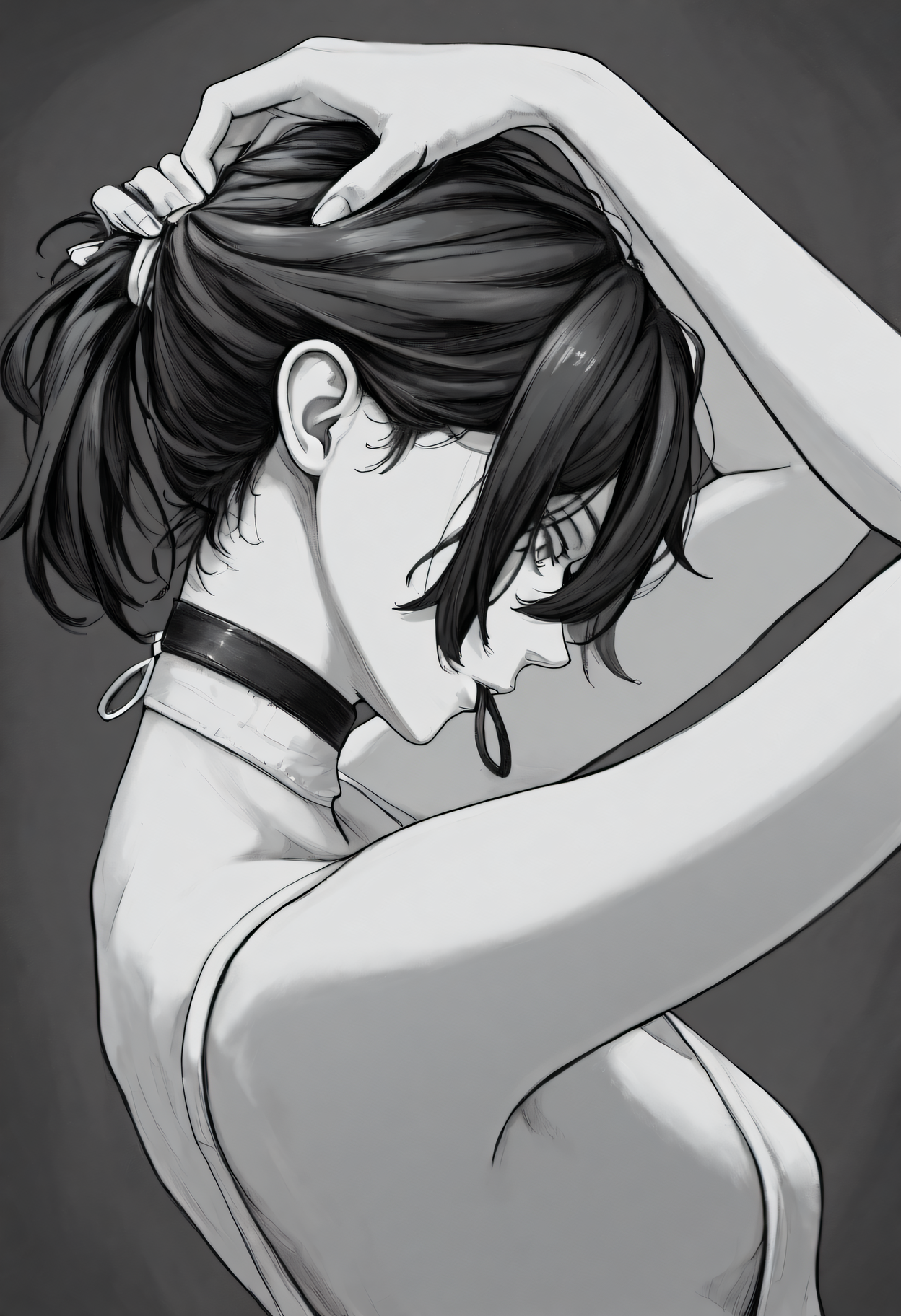 <lora:SketchArt_Epoch_10:1>, greyscale, monochrome, sk3tch, solo, 1girl, <lora:Hoseki_ChainsawMan_Reze_IllustriousXL_v1:1>, r3z3, green eyes, purple hair, black choker, medium hair, hair between eyes,
ponytail, hair_tie_in_mouth, hands_in_own_hair, ear, looking down, arms up, from side, very awa, masterpiece, best quality, highres, absurdres
