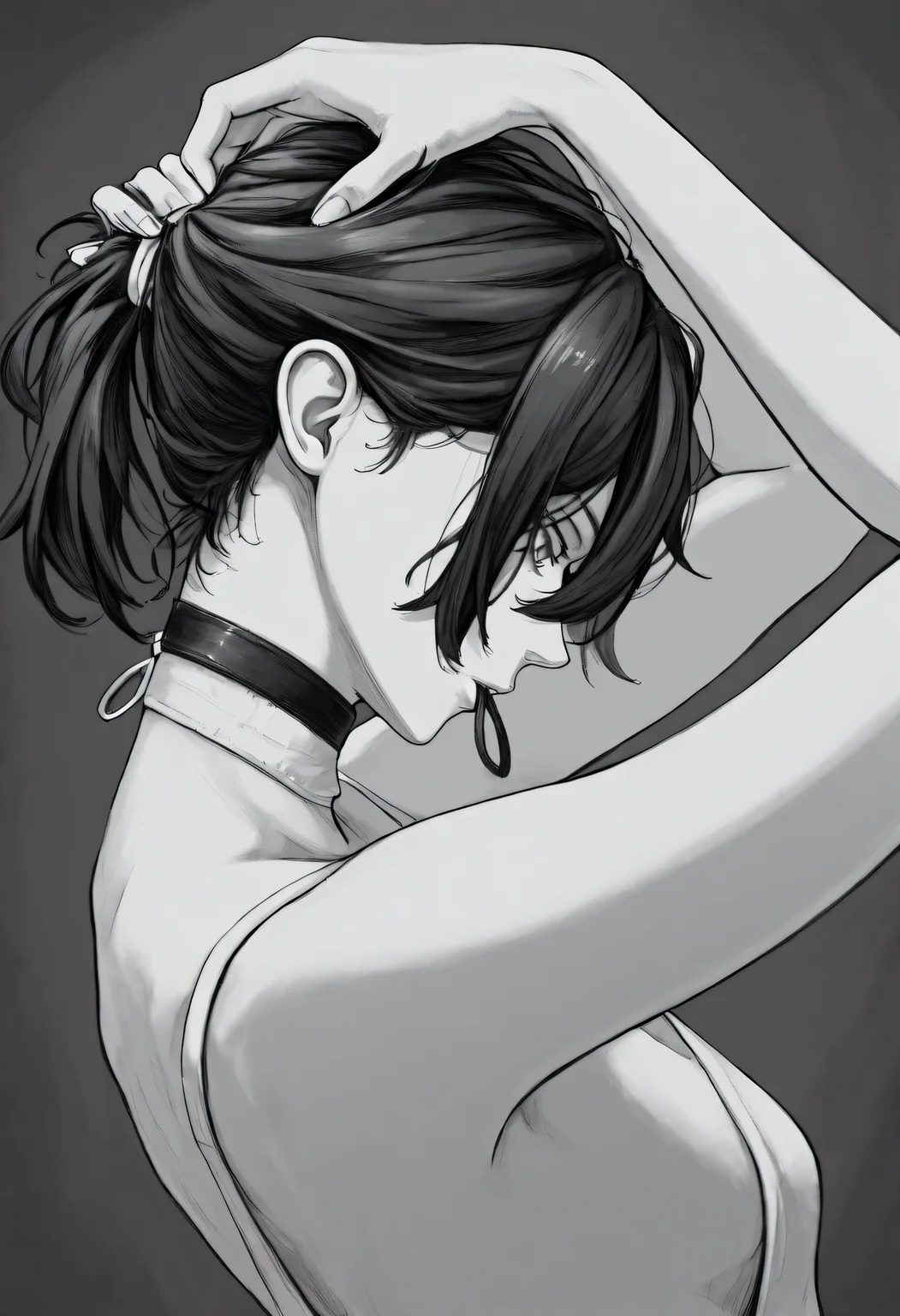<lora:SketchArt_Epoch_10:1>, greyscale, monochrome, sk3tch, solo, 1girl, <lora:Hoseki_ChainsawMan_Reze_IllustriousXL_v1:1>, r3z3, green eyes, purple hair, black choker, medium hair, hair between eyes,
ponytail, hair_tie_in_mouth, hands_in_own_hair, ear, looking down, arms up, from side, very awa, masterpiece, best quality, highres, absurdres