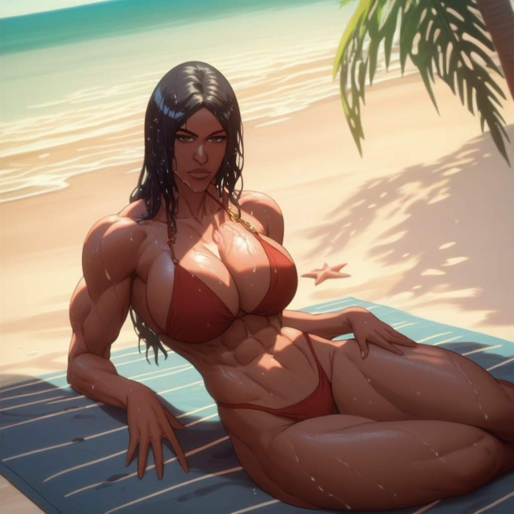 score_9, score_8_up, score_8. score_9, score_8_up, score_7_up, score_6_up, masterpiece, best quality, amazing quality, very aesthetic, masterpiece,  masterpiece, best quality, g0thicPXL,(beautiful),jackietristan,dark-skinned female,black hair,brown eyes,beach,bikini,toned body,muscular female,wet skin,looking at viewer,huge breasts