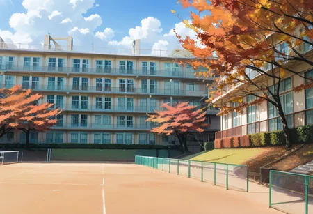 score_9, score_8_up, score_7_up, rating_safe, masterpiece, best quality, absurdres, unity 8k wallpaper, official art, official style, source_anime, uncensored, game cg, megami magazine,
koutei, scenery, tree, outdoors, building, sky, autumn leaves, fence, day, autumn, blue sky, window
<lora:gakkou_ground_PONY_V1:1>