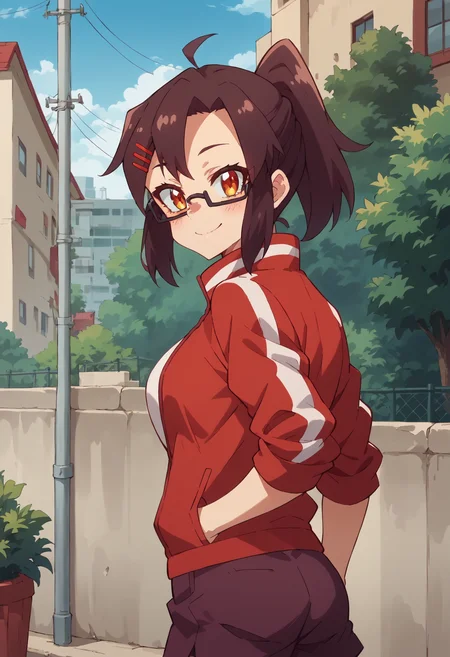 score_9, score_8_up, score_7_up, source_anime BREAK
1girl, outdoors, upper body, from side, looking back, looking at viewer, smile
koenji, glasses, red hairclip, high ponytail
red track jacket, maroon shorts
<lora:Koenji-750:1>