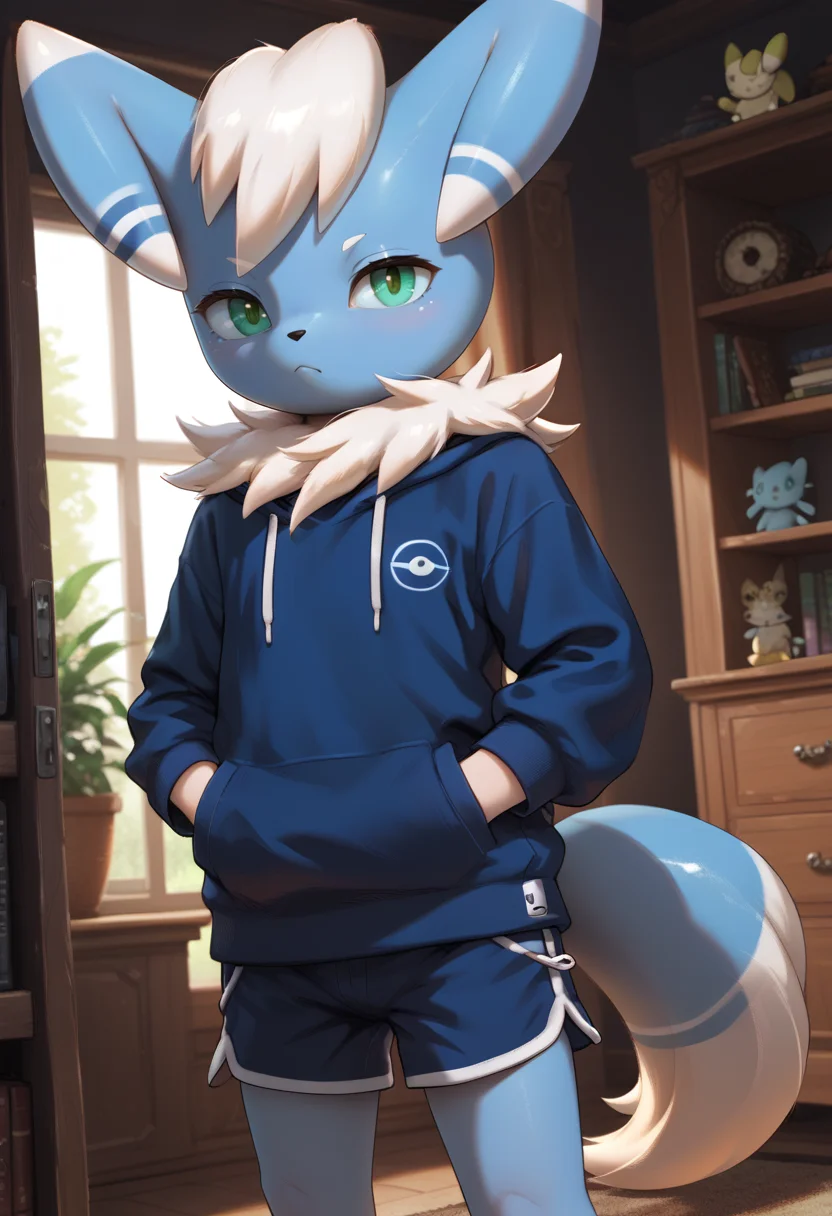 score_9, score_8, score_7, score_6, source_anime, indoors, dutch angle, 
BREAK
1boy, (meowstic_m, green eyes, pokemon (creature), tail, blue skin, colored skin), looking at viewer, hands in pockets, neck fur, oversized clothes, hoodie, dolphin shorts, barefoot, bored, half-closed eyes, <lora:IncaseLycoXL:0.6> <lora:PersonalAmi_PonyXL:0.5> <lora:Pony Detail Tweaker V2.0:5>  <lora:[Characters - Pokemon] Meowstic â - PonyXL:1>
