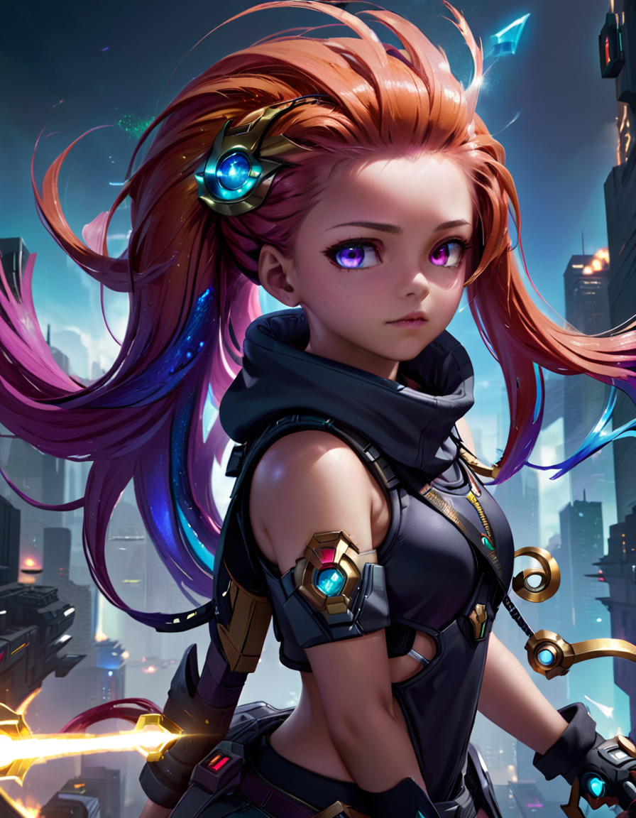 Techwear fashion 1girl zoe, (heterochromia), long multi colored hair, league of legends, Low Angle Shot,
 <lora:LolZoeXL:0.9> <lora:xl_more_art-full_v1:0.4>, ZIP2D . Futuristic, cyberpunk, urban, tactical, sleek, dark, highly detailed