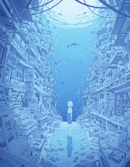 masterpiece,  best quality, newest, highres, absurdres, <lora:hebitsukai_style:1>,hebitsukai_illu, 1girl, solo, short hair, monochrome, blue theme, standing, fish, scenery,surreal,
