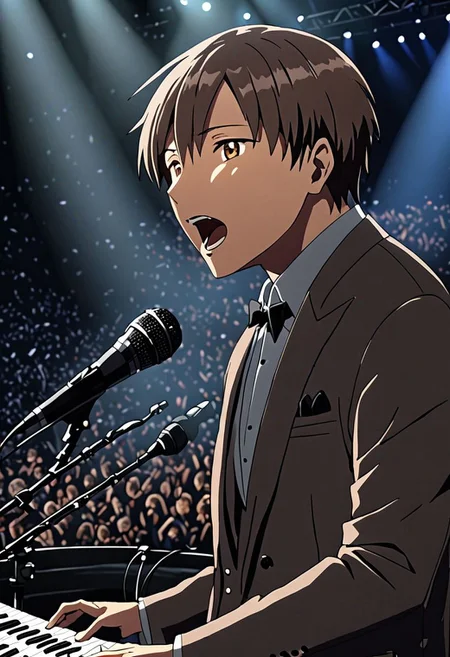 high resolution, solo, best quality, 1Boy, Takaki Toono, Brownish Hair, Brown Eyes, singing, portraits, dept of field, virtual concert, playing musical instrument, OverallDetail