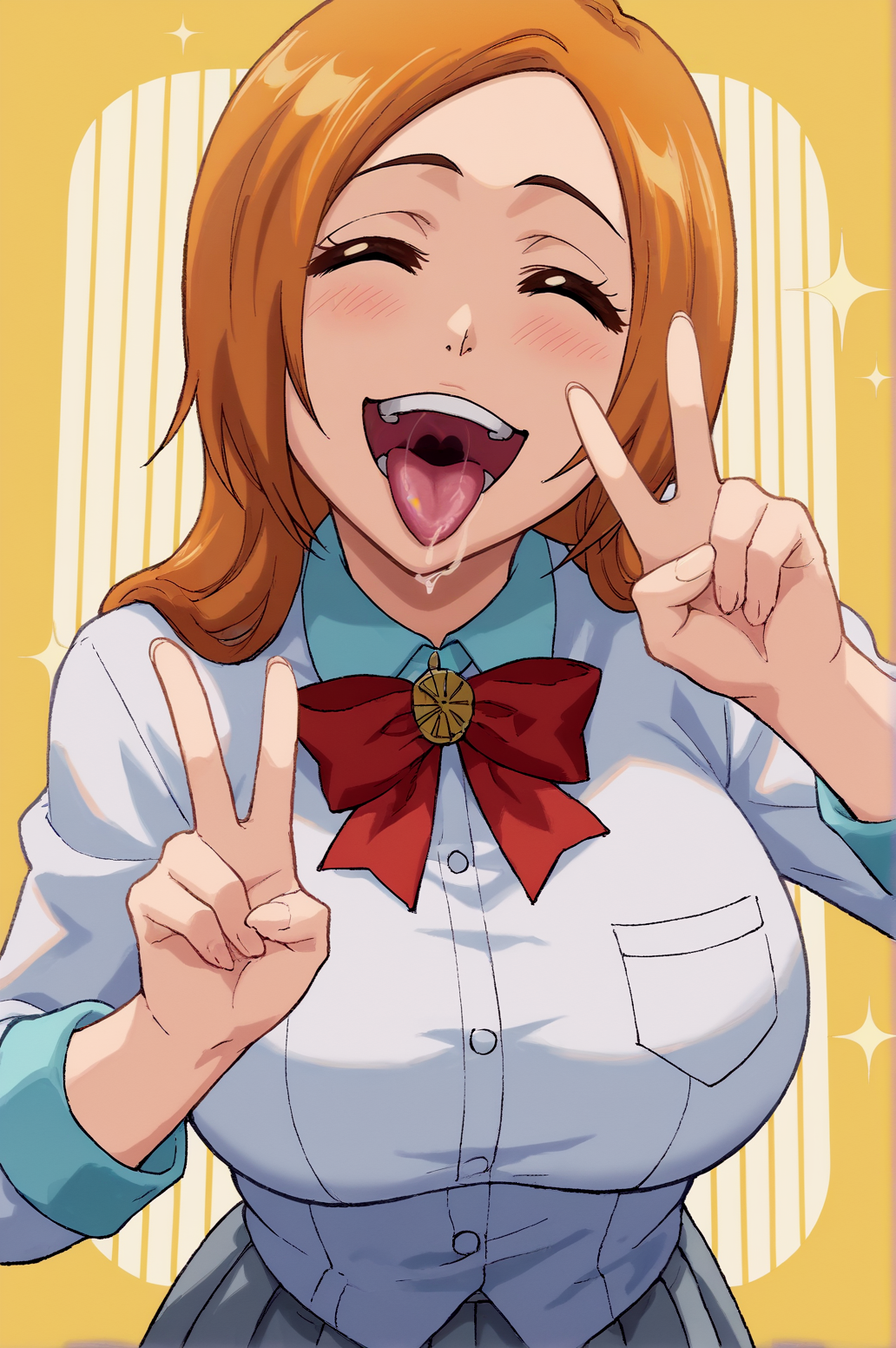 score_9, score_8_up, score_7_up,anime_source, source_anime, best background, detailed background, anime screencap,  Orihime, school uniform, upper body, victory fingers, tongue out, saliva, v fingers, happy, <lora:JN_Orihime_Inoue_Iwao_Style:0.8>