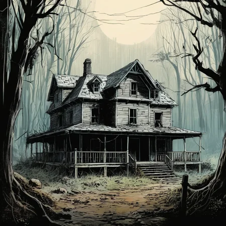 concept art of <lora:graphic novel style:1.2>
1980's a manga comic drawing of an old house abandoned with a creepy look in the woods In graphic novel style, digital artwork, illustrative, painterly, matte painting, highly detailed