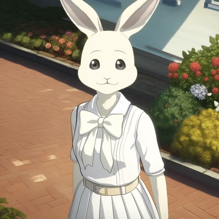 score_9_up, score_8_up, score_7_up, masterpiece, best quality, amazing quality, very aesthetic, absurdres, newest, safe_pos, high quality, detailed, solo female, Haru, 1girl, mature female, female, anthro, white rabbit, animal ears, black eyes, light cream-colored fur, white blouse, white bow tie, pleated white skirt, tan belt, standing, half body, outdoors, looking at viewer, smiling, garden, garden club