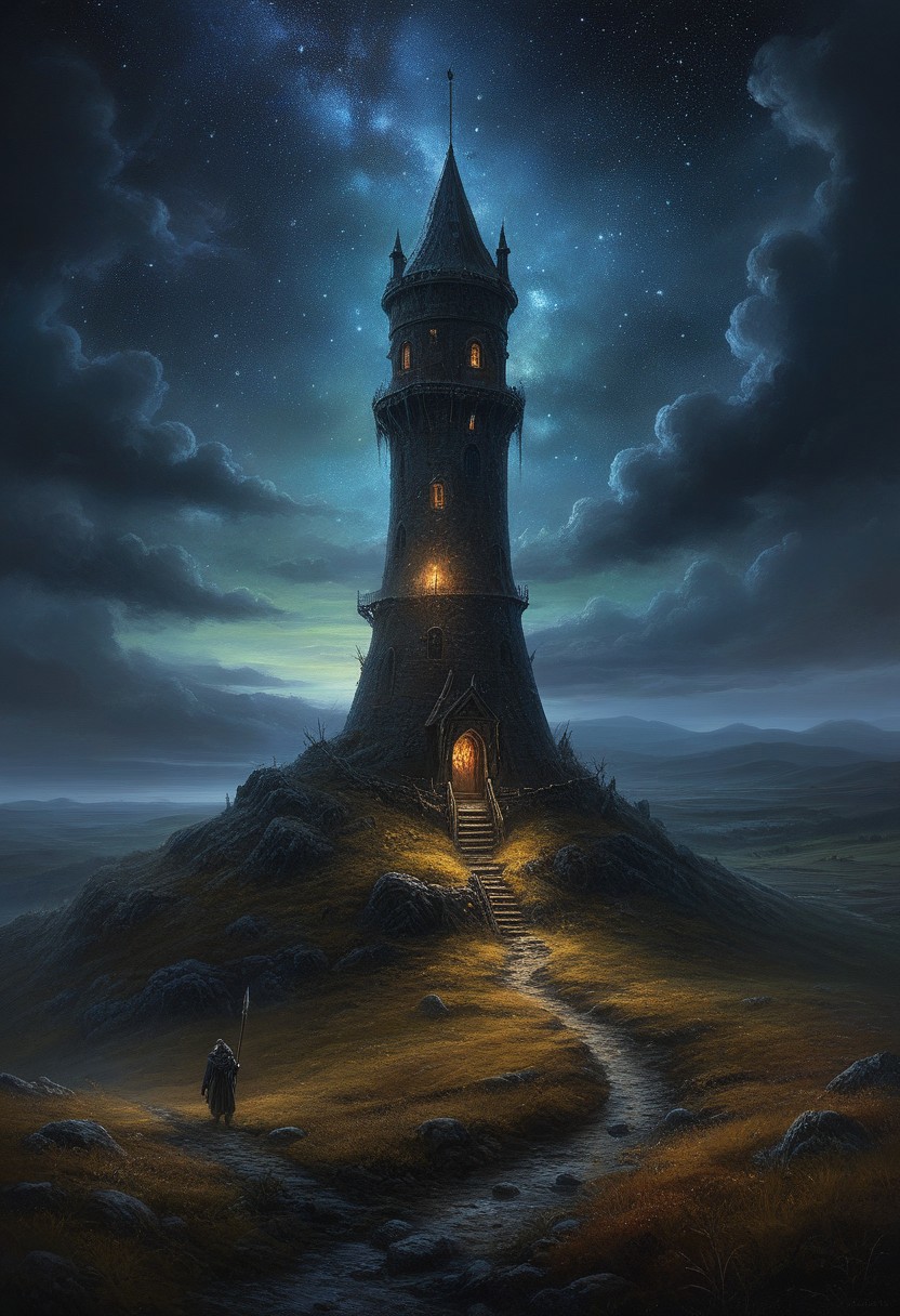 oil painting, fantasy, rpg, a tower in the moorland, starry night, galaxy sjy, dark moor, (misty:1.5), creepy atmosphere, dramatic light, (darkness:2.5), 34K uhd, masterpiece, high detail, 8k, intricate, detailed, high resolution, high res, high quality, <lora:add-detail-xl:1.8>, highly detailed, Extremely high-resolution details, fine texture, darkness